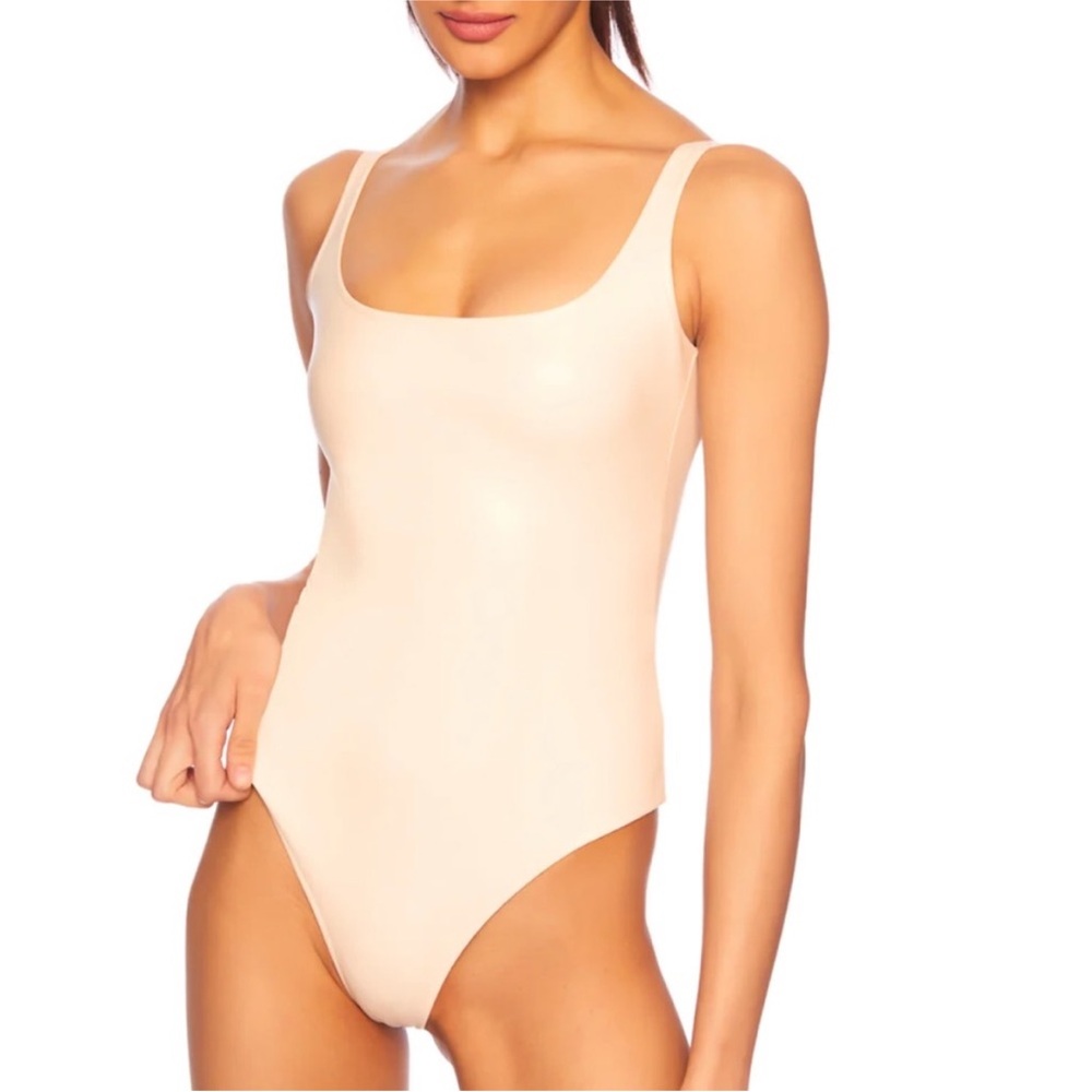 NWT Susana Monaco Faux Leather Low Back Bodysuit Bleached Almond Size Medium